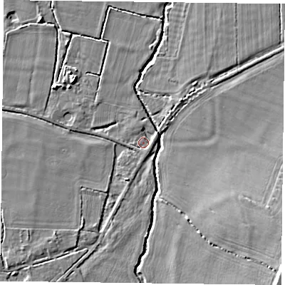 Shaded relief map of the ground around RG71LE, computed from Environment Agency LiDAR. The ground here sits at about 43 m above sea level and falls 11 m across the surrounding 800 m. Surface water reaching this point runs off ground lying to the east-north-east, 1.7 m higher.
