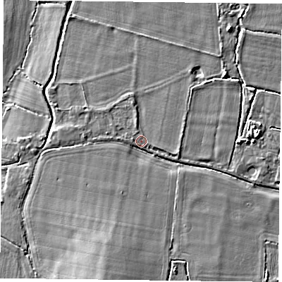 Shaded relief map of the ground around RG71LG, computed from Environment Agency LiDAR. The ground here sits at about 43 m above sea level and falls 7 m across the surrounding 800 m. Surface water reaching this point runs off ground lying to the south-south-west, 4.0 m higher.