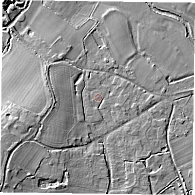 Shaded relief map of the ground around RG71LW, computed from Environment Agency LiDAR. The ground here sits at about 44 m above sea level and falls 13 m across the surrounding 800 m. Surface water reaching this point runs off ground lying to the south-west, 11.4 m higher.
