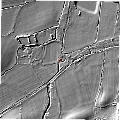 Shaded relief map of the ground around RG71LX, computed from Environment Agency LiDAR. The ground here sits at about 50 m above sea level and falls 15 m across the surrounding 800 m. Surface water reaching this point runs off ground lying to the south-west, 9.8 m higher.