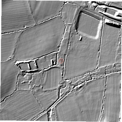 Shaded relief map of the ground around RG71NB, computed from Environment Agency LiDAR. The ground here sits at about 49 m above sea level and falls 13 m across the surrounding 800 m. Surface water reaching this point runs off ground lying to the west-south-west, 7.5 m higher.