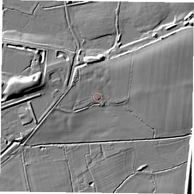 Shaded relief map of the ground around RG71NE, computed from Environment Agency LiDAR. The ground here sits at about 42 m above sea level and falls 11 m across the surrounding 800 m. Surface water reaching this point runs off ground lying to the north-west, 1.9 m higher.
