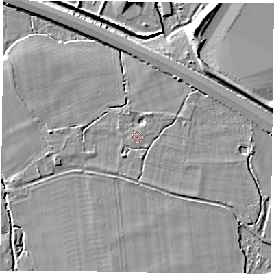 Shaded relief map of the ground around RG71NH, computed from Environment Agency LiDAR. The ground here sits at about 40 m above sea level and falls 7 m across the surrounding 800 m. Surface water reaching this point runs off ground lying to the south-west, 2.4 m higher.