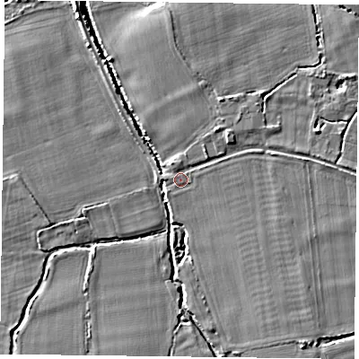 Shaded relief map of the ground around RG71NJ, computed from Environment Agency LiDAR. The ground here sits at about 40 m above sea level and falls 5 m across the surrounding 800 m. Surface water reaching this point runs off ground lying to the north-east, 2.0 m higher.