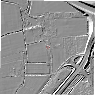 Shaded relief map of the ground around RG71NP, computed from Environment Agency LiDAR. The ground here sits at about 41 m above sea level and falls 11 m across the surrounding 800 m. The ground contributing surface water to this point lies to the south-south-east.