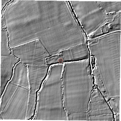 Shaded relief map of the ground around RG71NQ, computed from Environment Agency LiDAR. The ground here sits at about 40 m above sea level and falls 4 m across the surrounding 800 m. Surface water reaching this point runs off ground lying to the south-south-west, 2.7 m higher.