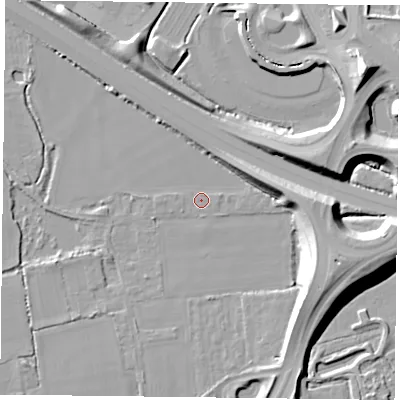 Shaded relief map of the ground around RG71NS, computed from Environment Agency LiDAR. The ground here sits at about 40 m above sea level and falls 13 m across the surrounding 800 m. Surface water reaching this point runs off ground lying to the east, 9.5 m higher.