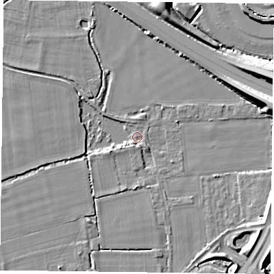 Shaded relief map of the ground around RG71NX, computed from Environment Agency LiDAR. The ground here sits at about 40 m above sea level and falls 10 m across the surrounding 800 m. Surface water reaching this point runs off ground lying to the west-south-west, 2.1 m higher.