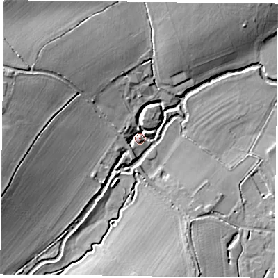 Shaded relief map of the ground around RG71PT, computed from Environment Agency LiDAR. The ground here sits at about 44 m above sea level and falls 15 m across the surrounding 800 m. Surface water reaching this point runs off ground lying to the west-north-west, 14.4 m higher.