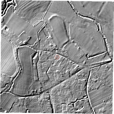 Shaded relief map of the ground around RG71QX, computed from Environment Agency LiDAR. The ground here sits at about 44 m above sea level and falls 10 m across the surrounding 800 m. Surface water reaching this point runs off ground lying to the east-south-east, 1.5 m higher.