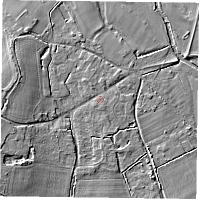Shaded relief map of the ground around RG71QY, computed from Environment Agency LiDAR. The ground here sits at about 44 m above sea level and falls 8 m across the surrounding 800 m. Surface water reaching this point runs off ground lying to the south, 0.9 m higher.