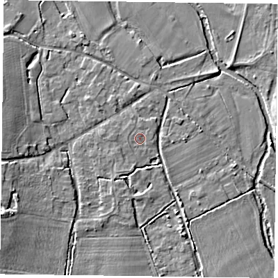 Shaded relief map of the ground around RG71QZ, computed from Environment Agency LiDAR. The ground here sits at about 44 m above sea level and falls 8 m across the surrounding 800 m. The ground contributing surface water to this point lies to the north-north-east.