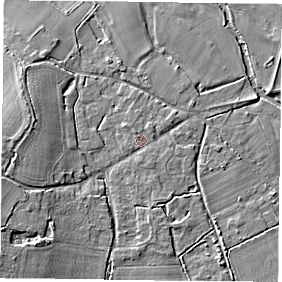 Shaded relief map of the ground around RG71RB, computed from Environment Agency LiDAR. The ground here sits at about 44 m above sea level and falls 9 m across the surrounding 800 m. Surface water reaching this point runs off ground lying to the south-south-east, 0.9 m higher.