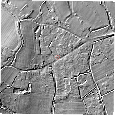 Shaded relief map of the ground around RG71RD, computed from Environment Agency LiDAR. The ground here sits at about 44 m above sea level and falls 11 m across the surrounding 800 m. Surface water reaching this point runs off ground lying to the south-west, 9.0 m higher.
