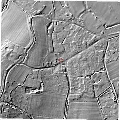 Shaded relief map of the ground around RG71RG, computed from Environment Agency LiDAR. The ground here sits at about 44 m above sea level and falls 13 m across the surrounding 800 m. Surface water reaching this point runs off ground lying to the west-south-west, 10.8 m higher.