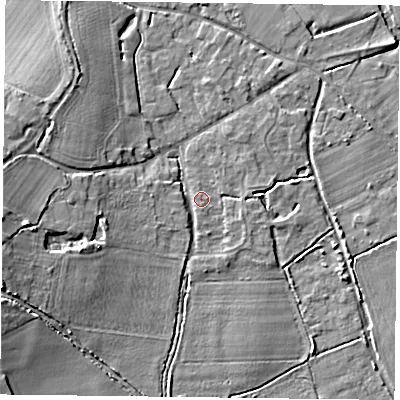 Shaded relief map of the ground around RG71RJ, computed from Environment Agency LiDAR. The ground here sits at about 45 m above sea level and falls 11 m across the surrounding 800 m. Surface water reaching this point runs off ground lying to the west-south-west, 8.3 m higher.