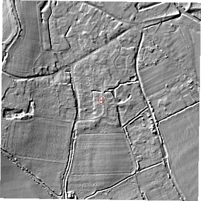 Shaded relief map of the ground around RG71RW, computed from Environment Agency LiDAR. The ground here sits at about 45 m above sea level and falls 8 m across the surrounding 800 m. Surface water reaching this point runs off ground lying to the east, 0.7 m higher.