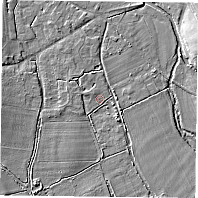 Shaded relief map of the ground around RG71RZ, computed from Environment Agency LiDAR. The ground here sits at about 44 m above sea level and falls 6 m across the surrounding 800 m. Surface water reaching this point runs off ground lying to the north-west, 0.9 m higher.