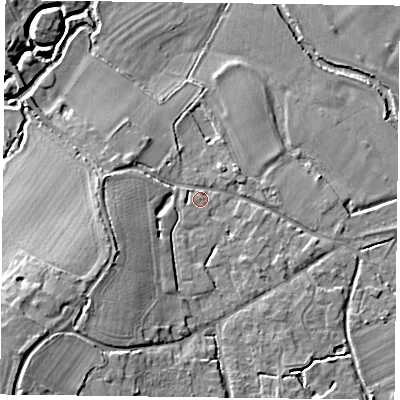 Shaded relief map of the ground around RG71SZ, computed from Environment Agency LiDAR. The ground here sits at about 44 m above sea level and falls 12 m across the surrounding 800 m. Surface water reaching this point runs off ground lying to the south-west, 10.9 m higher.