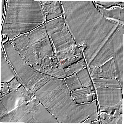 Shaded relief map of the ground around RG71TB, computed from Environment Agency LiDAR. The ground here sits at about 45 m above sea level and falls 9 m across the surrounding 800 m. Surface water reaching this point runs off ground lying to the south-south-west, 1.4 m higher.