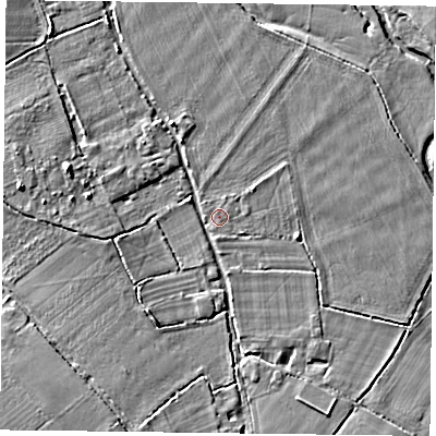 Shaded relief map of the ground around RG71TD, computed from Environment Agency LiDAR. The ground here sits at about 45 m above sea level and falls 10 m across the surrounding 800 m. Surface water reaching this point runs off ground lying to the south-south-east, 2.3 m higher.