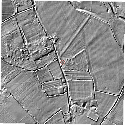 Shaded relief map of the ground around RG71TE, computed from Environment Agency LiDAR. The ground here sits at about 45 m above sea level and falls 10 m across the surrounding 800 m. Surface water reaching this point runs off ground lying to the south-south-west, 6.0 m higher.