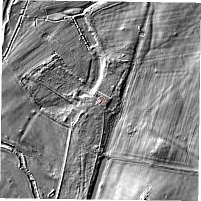 Shaded relief map of the ground around RG71TG, computed from Environment Agency LiDAR. The ground here sits at about 45 m above sea level and falls 10 m across the surrounding 800 m. Surface water reaching this point runs off ground lying to the east-north-east, 0.8 m higher.
