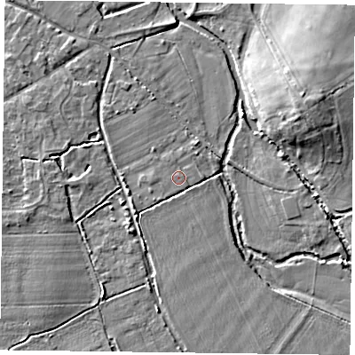 Shaded relief map of the ground around RG71TH, computed from Environment Agency LiDAR. The ground here sits at about 44 m above sea level and falls 9 m across the surrounding 800 m. Surface water reaching this point runs off ground lying to the west, 0.6 m higher.