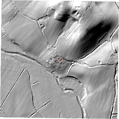 Shaded relief map of the ground around RG71XL, computed from Environment Agency LiDAR. The ground here sits at about 51 m above sea level and falls 36 m across the surrounding 800 m. Surface water reaching this point runs off ground lying to the north-east, 10.7 m higher.