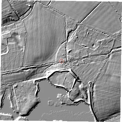 Shaded relief map of the ground around RG71XS, computed from Environment Agency LiDAR. The ground here sits at about 51 m above sea level and falls 11 m across the surrounding 800 m. Surface water reaching this point runs off ground lying to the south, 1.2 m higher.