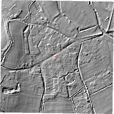 Shaded relief map of the ground around RG71XW, computed from Environment Agency LiDAR. The ground here sits at about 44 m above sea level and falls 8 m across the surrounding 800 m. Surface water reaching this point runs off ground lying to the south-south-east, 0.9 m higher.