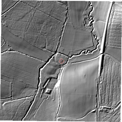 Shaded relief map of the ground around RG72LE, computed from Environment Agency LiDAR. The ground here sits at about 59 m above sea level and falls 15 m across the surrounding 800 m. The ground contributing surface water to this point lies to the west-north-west.