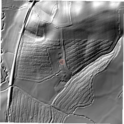 Shaded relief map of the ground around RG72LG, computed from Environment Agency LiDAR. The ground here sits at about 70 m above sea level and falls 35 m across the surrounding 800 m. Surface water reaching this point runs off ground lying to the north, 9.9 m higher.