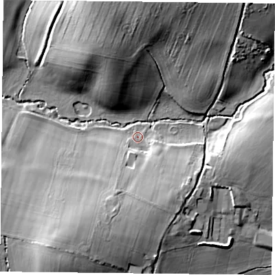 Shaded relief map of the ground around RG72NH, computed from Environment Agency LiDAR. The ground here sits at about 66 m above sea level and falls 17 m across the surrounding 800 m. Surface water reaching this point runs off ground lying to the south-south-west, 12.9 m higher.