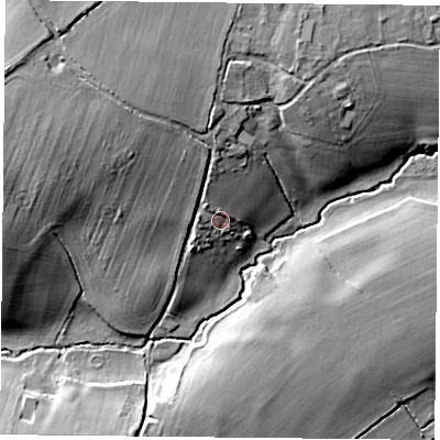 Shaded relief map of the ground around RG72NL, computed from Environment Agency LiDAR. The ground here sits at about 69 m above sea level and falls 20 m across the surrounding 800 m. Surface water reaching this point runs off ground lying to the north-west, 3.2 m higher.