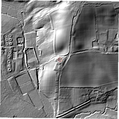 Shaded relief map of the ground around RG72PP, computed from Environment Agency LiDAR. The ground here sits at about 85 m above sea level and falls 31 m across the surrounding 800 m. Surface water reaching this point runs off ground lying to the north-east, 6.9 m higher.