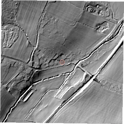 Shaded relief map of the ground around RG73NR, computed from Environment Agency LiDAR. The ground here sits at about 53 m above sea level and falls 18 m across the surrounding 800 m. Surface water reaching this point runs off ground lying to the north-west, 16.3 m higher.