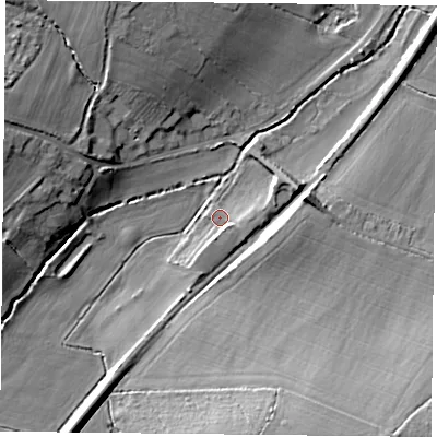 Shaded relief map of the ground around RG73PA, computed from Environment Agency LiDAR. The ground here sits at about 54 m above sea level and falls 17 m across the surrounding 800 m. Surface water reaching this point runs off ground lying to the south, 2.8 m higher.