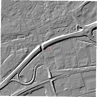 Shaded relief map of the ground around RG74AA, computed from Environment Agency LiDAR. The ground here sits at about 46 m above sea level and falls 9 m across the surrounding 800 m. Surface water reaching this point runs off ground lying to the west-north-west, 6.7 m higher.