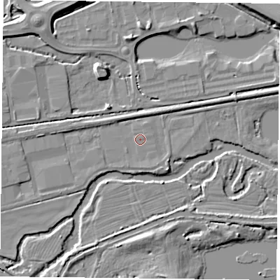 Shaded relief map of the ground around RG74AD, computed from Environment Agency LiDAR. The ground here sits at about 45 m above sea level and falls 8 m across the surrounding 800 m. Surface water reaching this point runs off ground lying to the south, 0.8 m higher.