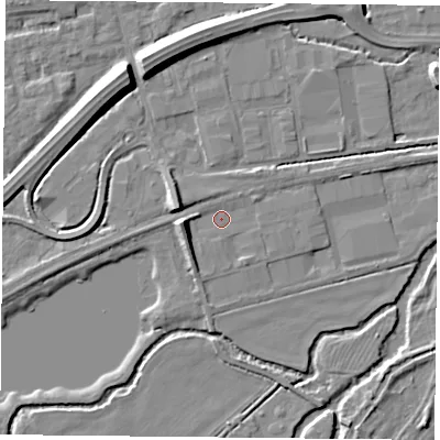 Shaded relief map of the ground around RG74AG, computed from Environment Agency LiDAR. The ground here sits at about 46 m above sea level and falls 9 m across the surrounding 800 m. Surface water reaching this point runs off ground lying to the west, 5.9 m higher.
