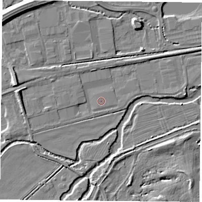 Shaded relief map of the ground around RG74AH, computed from Environment Agency LiDAR. The ground here sits at about 46 m above sea level and falls 9 m across the surrounding 800 m. The ground contributing surface water to this point lies to the north-west.