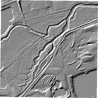 Shaded relief map of the ground around RG74AJ, computed from Environment Agency LiDAR. The ground here sits at about 46 m above sea level and falls 9 m across the surrounding 800 m. Surface water reaching this point runs off ground lying to the east-north-east, 3.7 m higher.