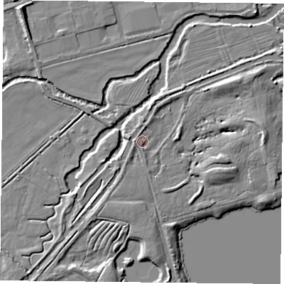 Shaded relief map of the ground around RG74AP, computed from Environment Agency LiDAR. The ground here sits at about 47 m above sea level and falls 9 m across the surrounding 800 m. Surface water reaching this point runs off ground lying to the south, 3.0 m higher.