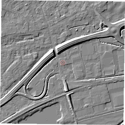 Shaded relief map of the ground around RG74AQ, computed from Environment Agency LiDAR. The ground here sits at about 46 m above sea level and falls 9 m across the surrounding 800 m. Surface water reaching this point runs off ground lying to the north-north-west, 7.6 m higher.