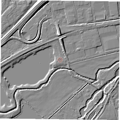 Shaded relief map of the ground around RG74AS, computed from Environment Agency LiDAR. The ground here sits at about 46 m above sea level and falls 8 m across the surrounding 800 m. Surface water reaching this point runs off ground lying to the east, 0.6 m higher.