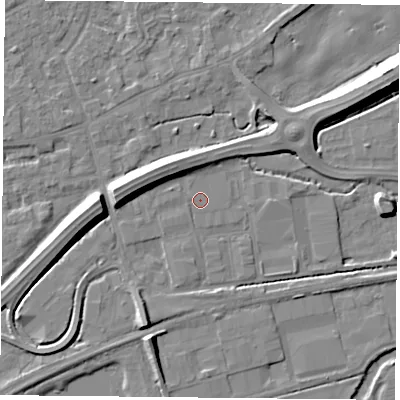 Shaded relief map of the ground around RG74AW, computed from Environment Agency LiDAR. The ground here sits at about 46 m above sea level and falls 11 m across the surrounding 800 m. The ground contributing surface water to this point lies to the west-north-west.
