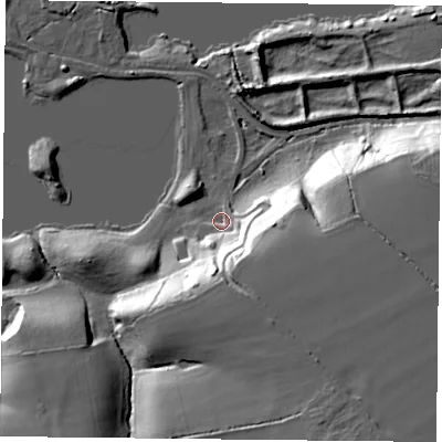 Shaded relief map of the ground around RG74BB, computed from Environment Agency LiDAR. The ground here sits at about 47 m above sea level and falls 25 m across the surrounding 800 m. Surface water reaching this point runs off ground lying to the south-east, 20.1 m higher.