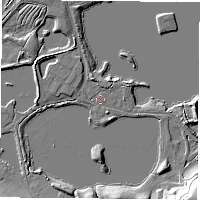 Shaded relief map of the ground around RG74BE, computed from Environment Agency LiDAR. The ground here sits at about 46 m above sea level and falls 22 m across the surrounding 800 m. Surface water reaching this point runs off ground lying to the west-north-west, 1.5 m higher.