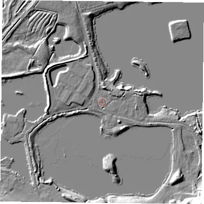 Shaded relief map of the ground around RG74BG, computed from Environment Agency LiDAR. The ground here sits at about 46 m above sea level and falls 15 m across the surrounding 800 m. Surface water reaching this point runs off ground lying to the north-north-east, 2.4 m higher.